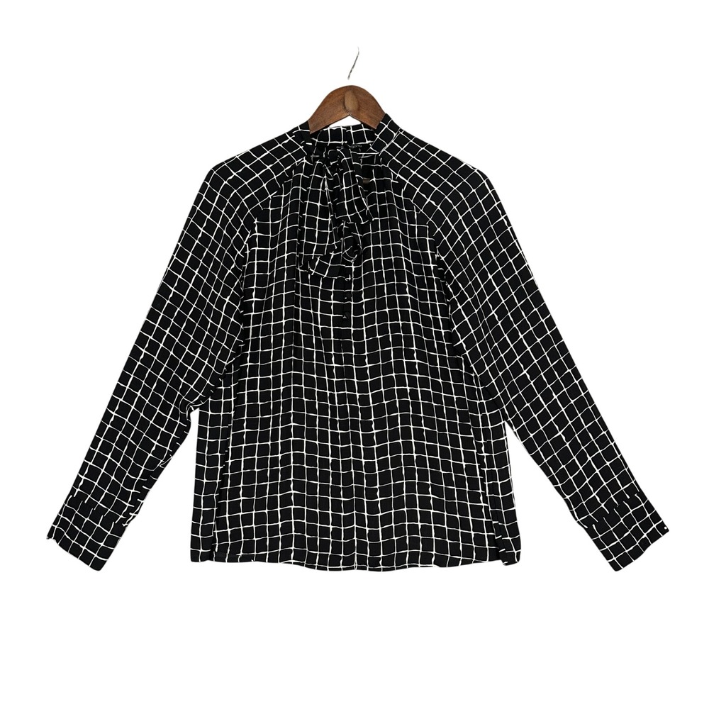 Eva Longoria Tie Neck Blouse Womens Large Black White Excellent Grid Button Up